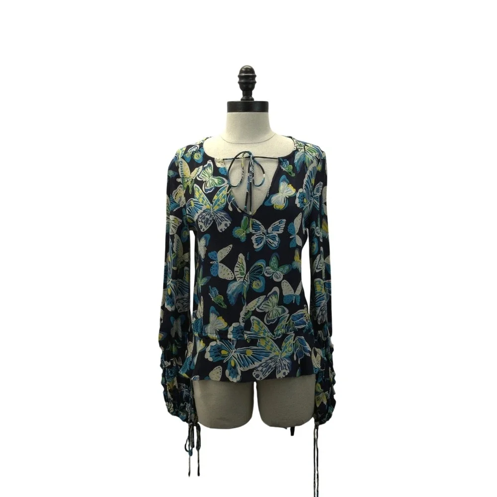 Tory Burch Silk Blouse‎ Womens 2 Navy Blue Excellent Butterfly Print Tie Neck